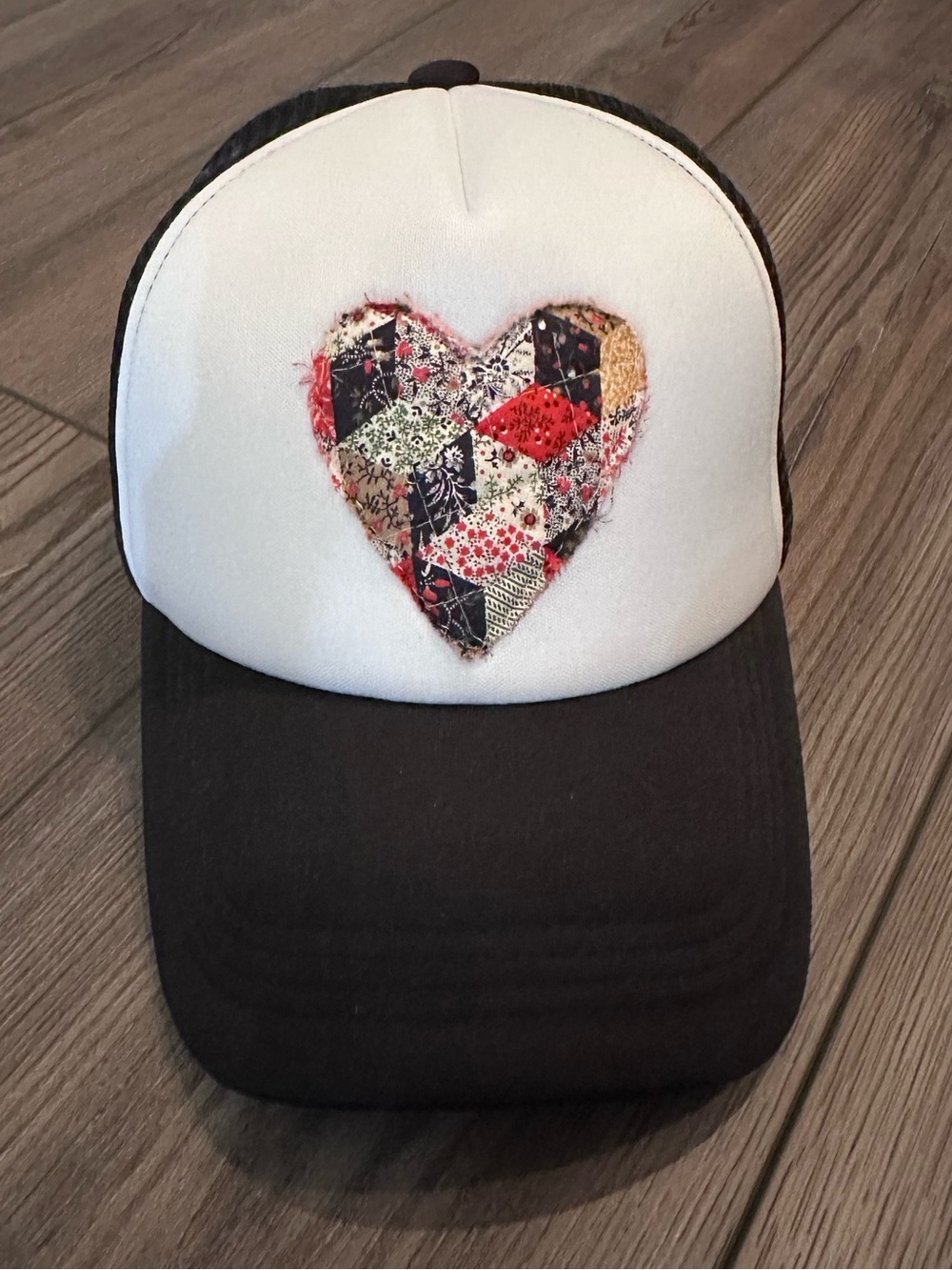 Quilted Heart Trucker Hat; Red, Black Handmade Quilt Hat; Shabby Chic Hat
